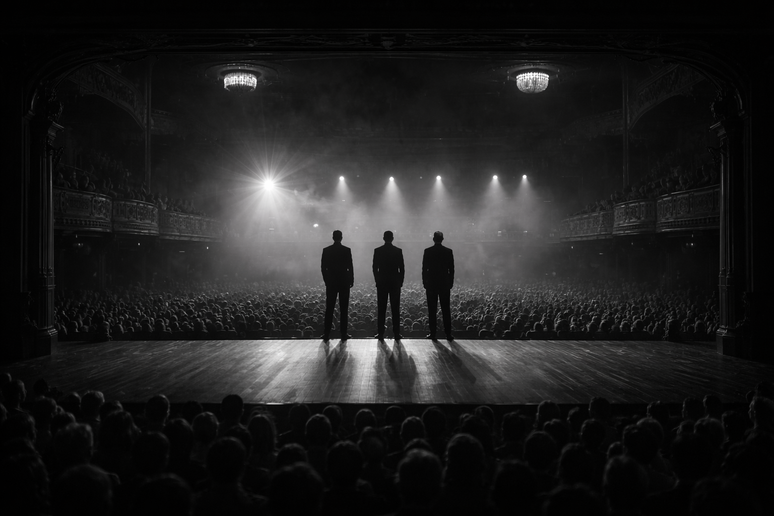 Três homens de pé no palco de um teatro lotado, sob os holofotes